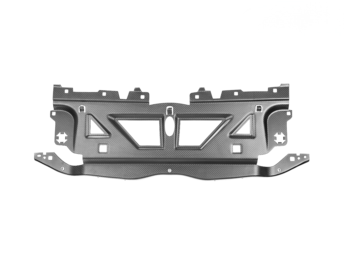 A black dry carbon fiber cooling shroud designed for BMW M3 and M4 models.