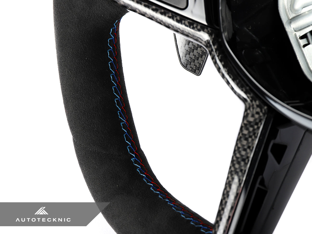 Hand-stitched M tri-color seam detail on AutoTecknic G8X LCI Alcantara steering wheel
