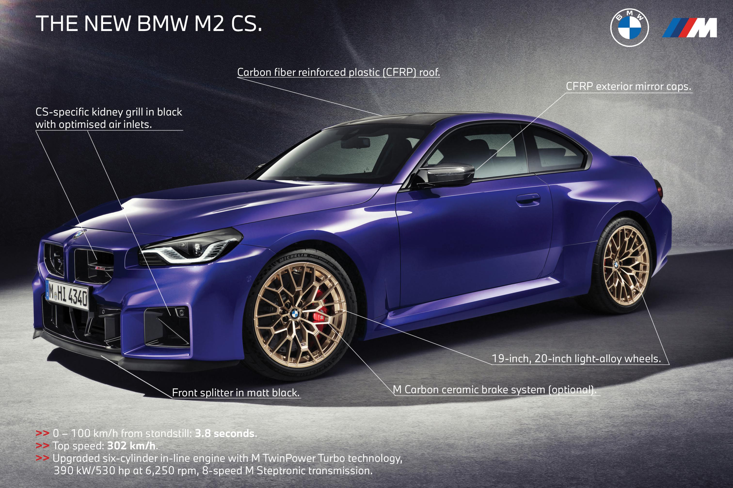 BMW G87 M2 CS in motion showcasing carbon roof and aerodynamic upgrades