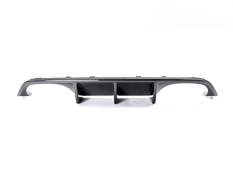 A black dry carbon extended-finished competition rear diffuser for BMW M3 and M4 models.