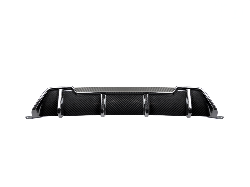 Black dry carbon extended-finished competition rear diffuser for G20 3-Series, featuring larger fins for added aggressiveness and functionality.
