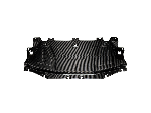 A black dry carbon fiber cooling shroud designed for the A90 Supra, displayed on a white background.