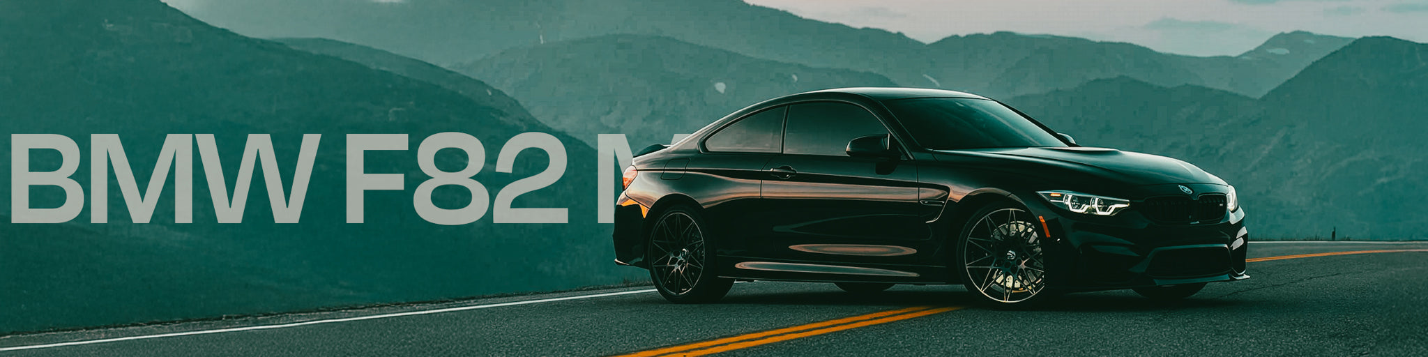 Black BMW F82 M car on a road with mountains in the background